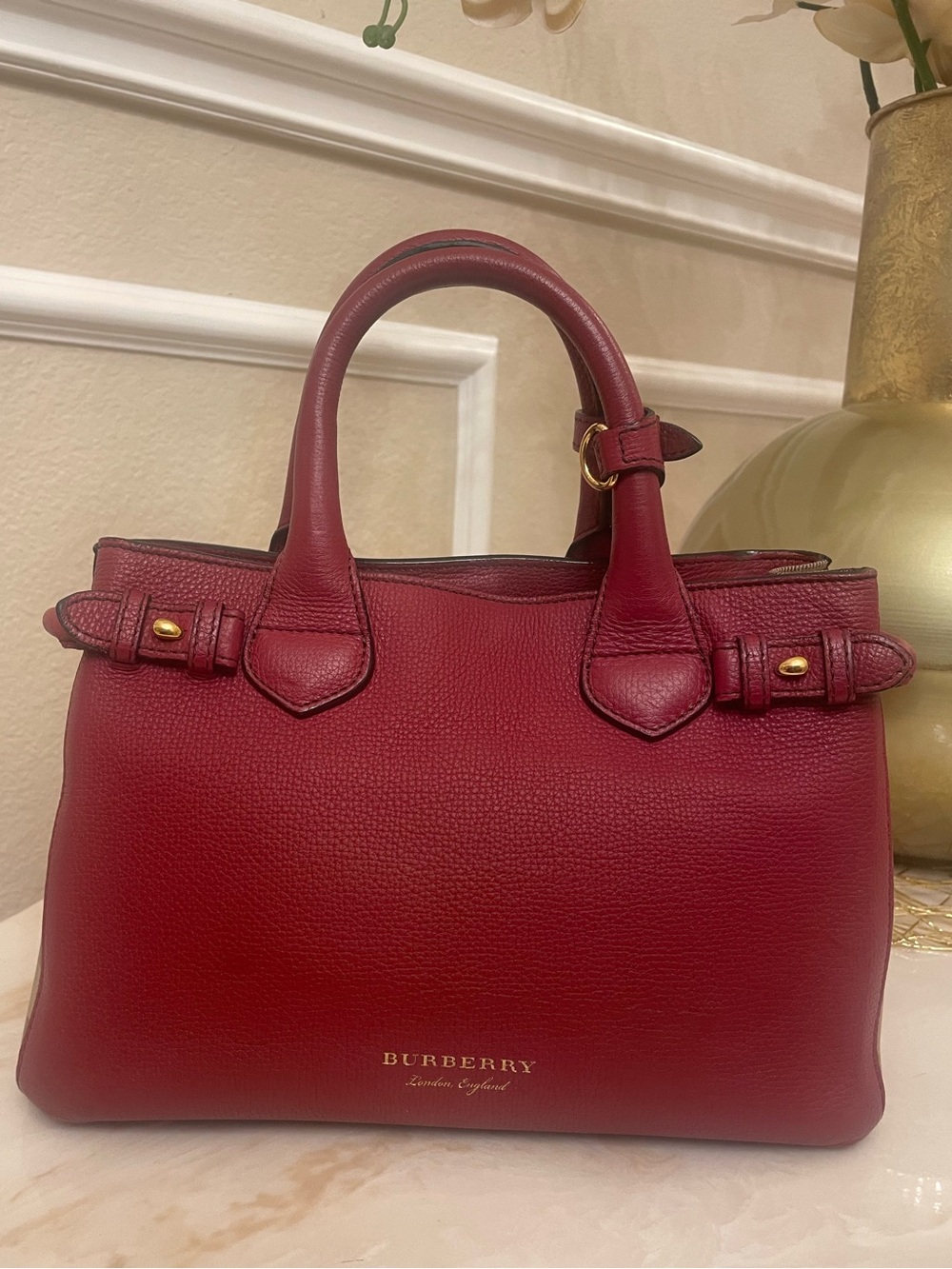 Burberry burgundy leather banner satchel bag REPAIRED